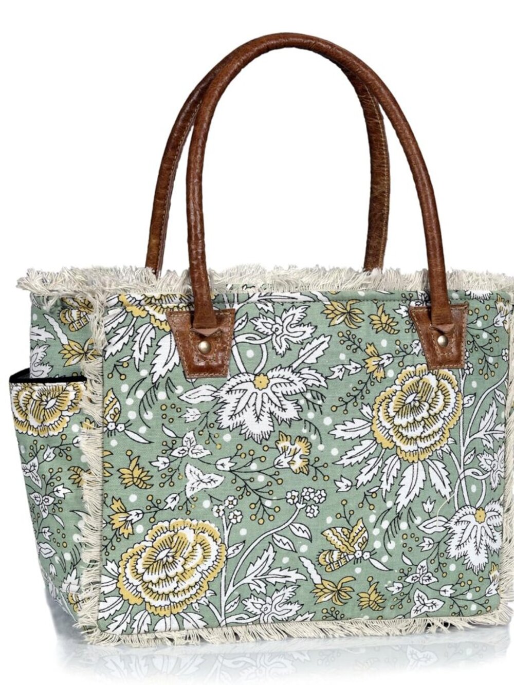 Boho Floral Canvas Tote Bag – Large Green Shoulder Bag with Fringe & Leather Han